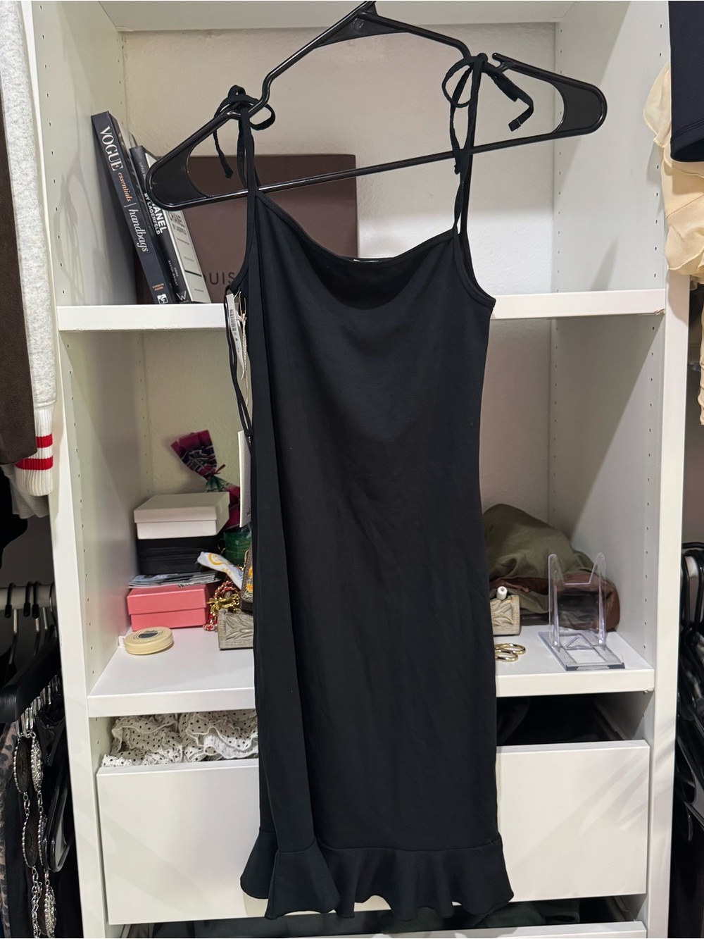 Wilfred Black Tie-Shoulder Ruffle-Hem Midi Dress